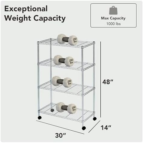 Heavy Duty 4 Tier Wire Shelving Unit Storage Rack, Metal Shelves Utility Organizers, Organization Units for Products, Plant, Pantry, Garage, Laundry Durable Shelf Stand, Chrome, 14"W x 30"L X 48"H - Image 2