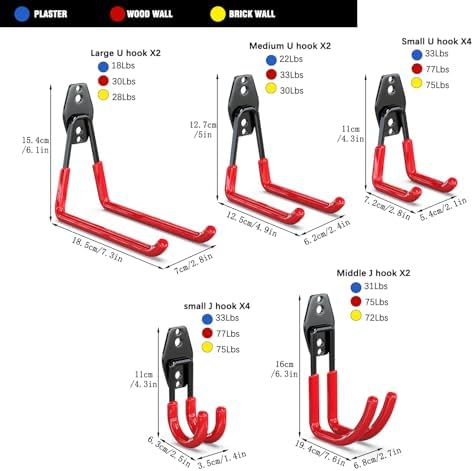 3-H Garage Wall Hooks 14 Pack,Garage Hooks Heavy Duty with Extra Welding Spots,Garage Hooks for Hanging,Garage Organizer for Garden,Lawn,Yard Tools,Chairs,Ladders,WeedEater,Shovel,Blower(Red) - Image 2