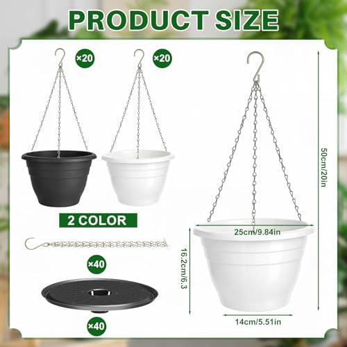 40 Pcs 10 Inch Plastic Hanging Planter Bulk Self Watering Hanging Baskets for Plants with Holes and Chain Plant Pot Outdoor Indoor Planter for Garden, Balcony, Porch, Patio Decor - Image 2