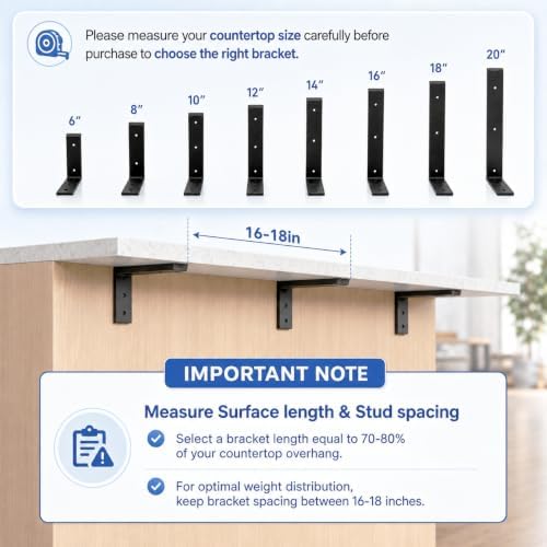 WINKER Countertop Support Bracket 6 Pack Heavy Duty 3/8" Thick Hidden L Shelf Bracket 10" x 6" x 2.5" Metal Corbels for Quartz/Granite/Wood/Concrete/Laminate Countertops, Black - Image 6