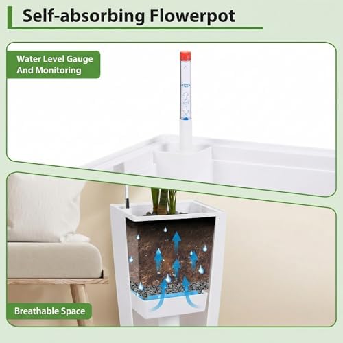 30 Inch Tall Planters Set of 2, Large White Indoor Outdoor Flower Pots for Front Porch, Modern Tall Plant Containers with Drainage Holes, Water Level Indicator & Inner Bucket, Patio Deck Balcony Decor - Image 4