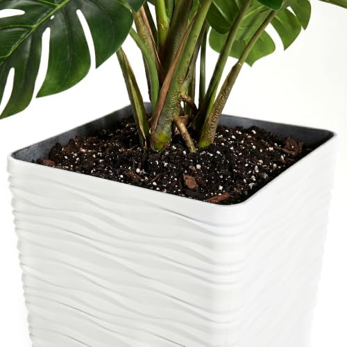Worth Garden 22" Tall Planters Set of 2 - Plastic White Square Plant Pots with Drainage Hole - Modern Large Tapered Matte Wavy Tree Flower Pot for Indoor Outdoor Porch Deck - Image 4