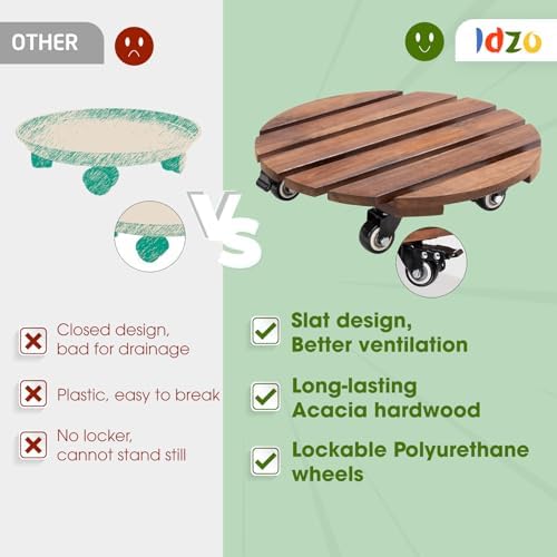 Idzo 2-Pack 14 Inch Acacia Wood Plant Caddy with Wheels – Heavy-Duty Plant Dolly with 264 Lbs Capacity, 360° Lockable Wheels for Large Plant Pots, Heavy Objects, Ideal for Indoor and Outdoor Use - Image 4