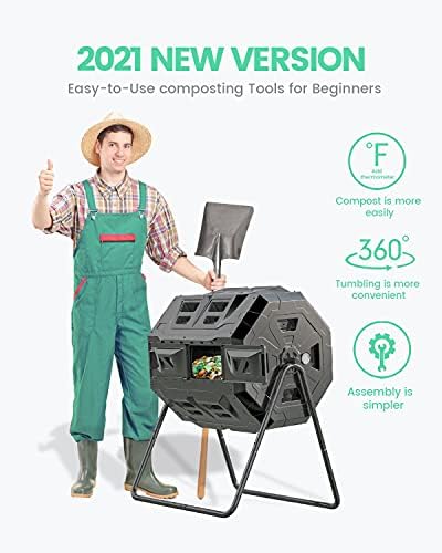 2021 Upgraded Tumbling Composter with Compost Thermometer - Dual Chamber Garden Compost Bin(43 Gal, Green) - Image 2