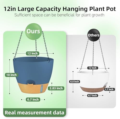 ZMTECH 12 Inch Large Self Watering Hanging Planters for Indoor Outdoor Plants - Water Level Indicator & Removable 60 Oz Reservoir, 1 Pack Plastic Hanging Basket for Window Porch Garden Balcony, Blue - Image 3