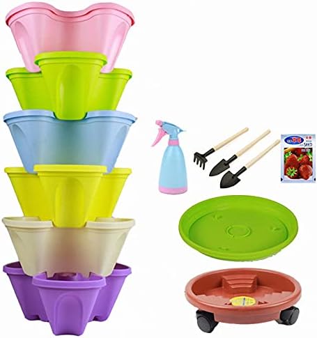 6 Tier Stackable Vertical Planter Set -Stacking Flower Pot Tower with Strawberry Seeds and Garden Tool Set and Watering Can, Ideal for Growing Strawberries, Herbs, Vegetables, Flowers, Indoor by Unknown