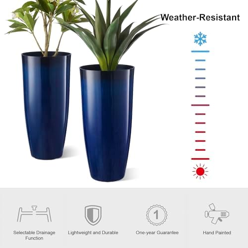 Glitzhome 30" H Tall Planters for Outdoor Plants, Set of 2 Plastic Large Outdoor Planters with Gradient Cobalt Blue Faux Ceramic Finish,Large Flower Pots with Drainage Holes for Front Porch Indoor - Image 2