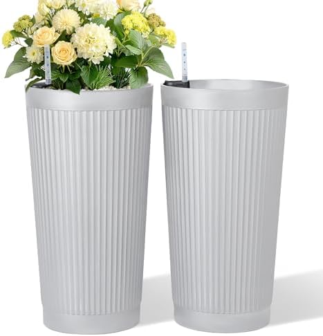 TUYOHW Set of 2 Large Round Tall Planter for Indoor or Outdoor 24" Flower Pots for Porch, Patio, Backyard, Large Planters for Outdoor Indoor Plants by Unknown