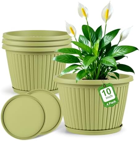 10-inch-Planters-for-Outdoor-Plant，Plastic Indoor Flower Pots with Drainage Holes & Saucer，4 Packs Decorative Garden Pots for Plant for Home Porch Decor by FlowyypoPlantPot
