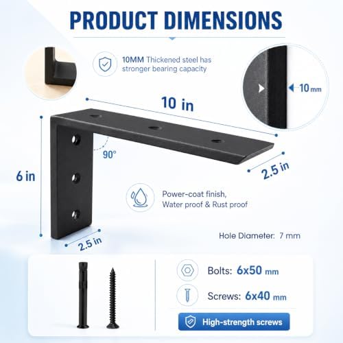 WINKER Countertop Support Bracket 6 Pack Heavy Duty 3/8" Thick Hidden L Shelf Bracket 10" x 6" x 2.5" Metal Corbels for Quartz/Granite/Wood/Concrete/Laminate Countertops, Black - Image 2