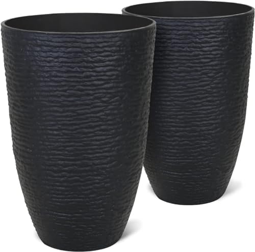 Worth Garden 21" H Tall Planters 2 Pack - 14'' Dia Resin Large Round Black Flower Pots for Outdoor Plants Trees - Imitation Stone Finish Plastic Indoor Front Porch 9 Gallon Decorative Container Patio by WORTH