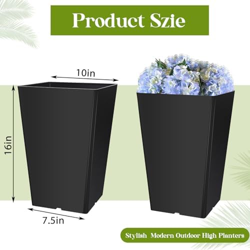 Briwooody Set of 2 15.75 Inch Large Taper Planters Outdoor Indoor Tall Resin Flower Pots with Drainage Holes Modern for Front Door Patio Backyard Plants(Black) - Image 3