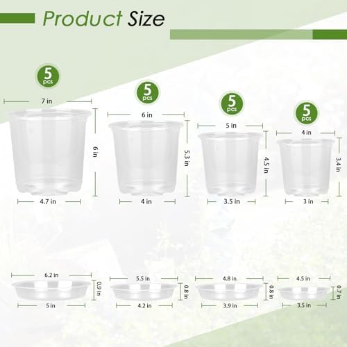 FUIJOL 4/5/6/7 Inch Clear Nursery Pots for Plants with Sacuers 60 Pack, Plastic Flower Pots with Drainage Holes, Variety Pack Seedlings Garden Pot for Indoor Outdoor (4+5+6+7 inch) - Image 2