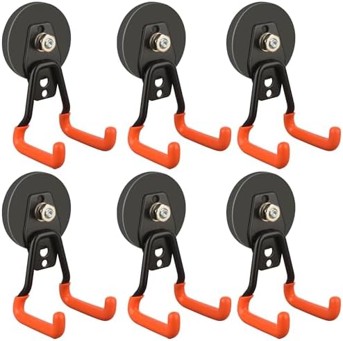 ULIBERMAGNET New Upgraded Heavy Duty Magnetic Garage Hooks,6 Pack Strong Large Magnet Hooks for Power Drill,Garden Tools,Hose,Pegboard,Garage, Workshop,Magnetic Storage Hook for Hanging(Orange) by ULIBERMAGNET