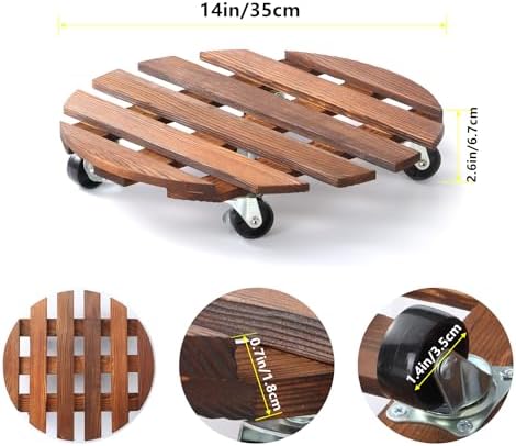 2 Pack 14" Plant Caddy with 5 Wheels, Rolling Plant Stand 220 LB Heavy Duty Wooden Round Plant Dolly with Metal 360° Lockable Caster Wheels for Outdoor Indoor Large Plant Pots, Flower Pot, Patio - Image 4