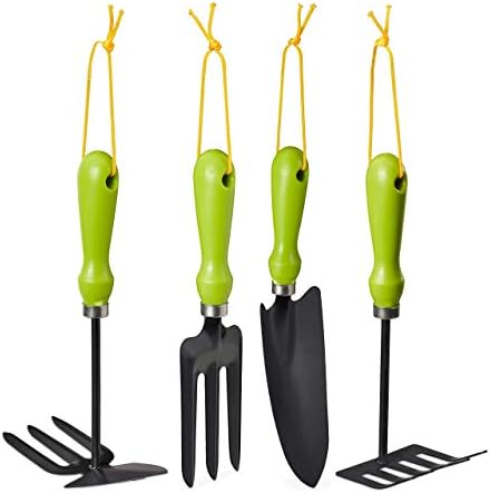 Relaxdays 4-Piece Tool Set, Trowel, Hand Rake, Double-Sided Weeder, Fork, Gardening Kit, Iron, Green by Relaxdays