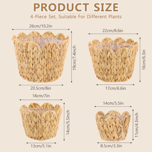 Wicker Scalloped Plant Basket with Plastic Liner for Indoor, Set of 4, | Hand Woven Water Hyacinth Rattan Flower Pots Cover - Image 2