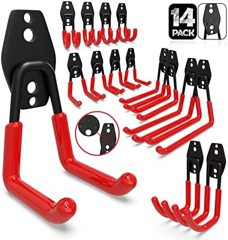 3-H Garage Wall Hooks 14 Pack,Garage Hooks Heavy Duty with Extra Welding Spots,Garage Hooks for Hanging,Garage Organizer for Garden,Lawn,Yard Tools,Chairs,Ladders,WeedEater,Shovel,Blower(Red) by 3-H
