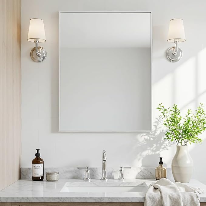 24x30 Inch Silver Bathroom Mirror - Copper-Free Mirror, Aluminum Alloy Frame Vanity Rectangle Wall Mounted Modern Mirror for Bedroom/Living Room/Porch Horizontal or Vertical