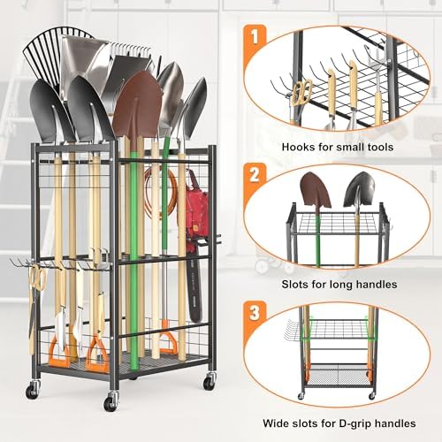 TORACK Garden Tool Stand with Wheels, Rakes Shovels Holder Yard Tools Organizer for Garage, Garden, Shed Indoor/Outdoor Long-Handled Tools Cart(Tool stand) - Image 4
