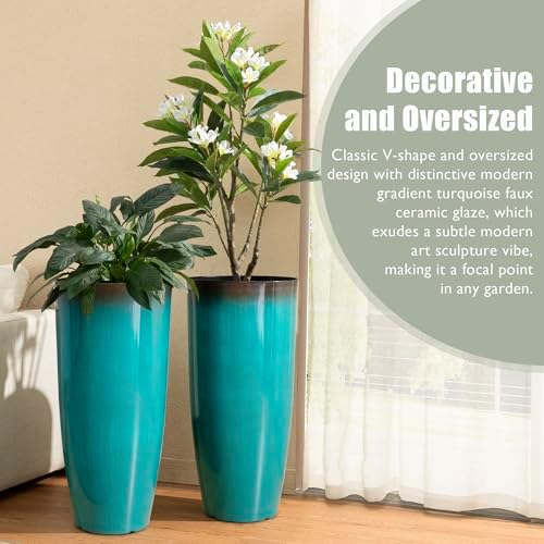 Glitzhome 30" H Tall Outdoor Planter, Set of 2 Large Tall Planters with Gradient Turquoise Faux Ceramic Finish, Plastic Large Flower Pots for Porch Garden Indoor All Season Decor,with Drainage Holes - Image 4