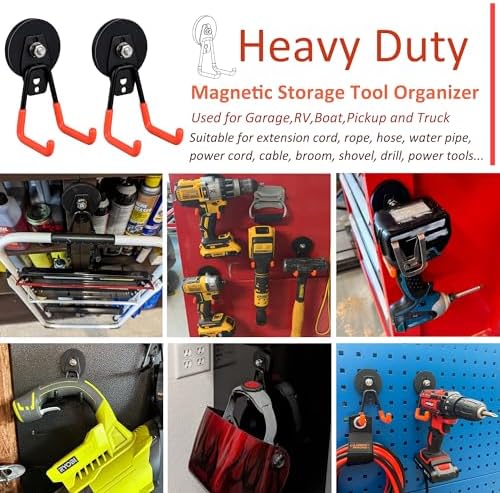 ULIBERMAGNET Heavy Duty Magnetic Garage Hooks,Strong Large Magnet Hooks for Power Drill,Garden Tools,Hose,Pegboard,Garage, Workshop,2 Pack Magnetic Storage Holder for Indoor Outdoor Hanging(Orange) - Image 4