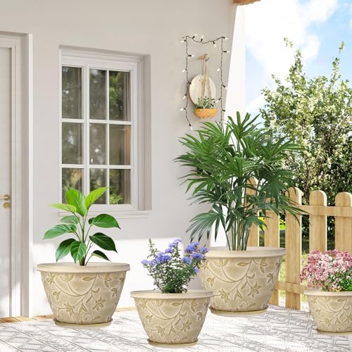 4 Pack 12 Inch Pots for Plants, Plastic Flower Pots Outdoor Indoor, Beige - Image 6