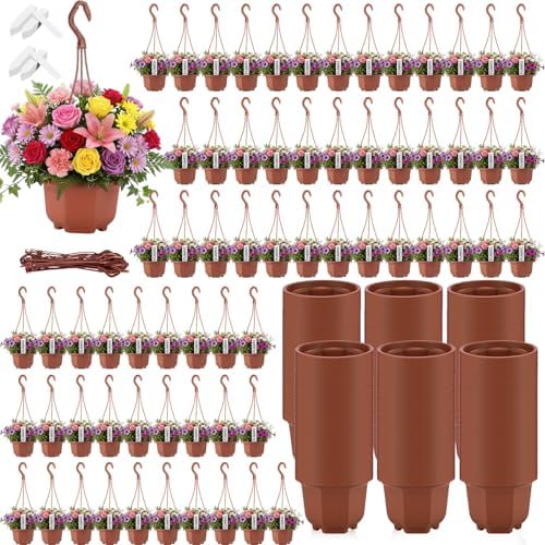 200 Pack 5.1 Inch Plastic Hanging Pots Bulk Nursery Hanging Planters with Hooks and Drainage Small Grower Pots for Indoor Outdoor Plants, Garden, Includes 200 Labels(Brown) by Romooa
