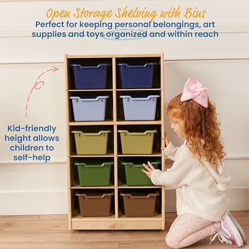 ECR4Kids 10 Cubby Mobile Tray Cabinet with Bins, 5x2, Natural - Image 5