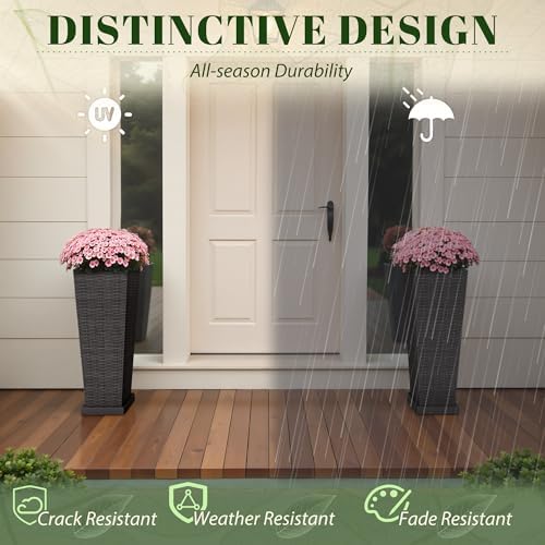 JUMMICO 23.5" Front Porch Resin Rattan Tall Planters 2 Pc, Inner&Outer Tray - Image 4