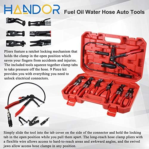 Handor 9pcs Hose Clamp Pliers, Wire Long Reach Hose Clamp Pliers Set Fuel Oil Water Hose Auto Tools for Automotive Coolant Radiator Heater and Water Hose with Band Flat or Large Clamps - Image 5