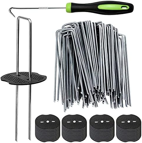 100Pcs Garden Stakes Staples + 100Pcs Gasket, Bakulyor 6 Inch Lawn Landscape Staples 11 Gauge U Shaped Galvanized Landscape Pins, Heavy Duty Yard Ground Pin for Weed Barrier Sod Fabric Decorations by Bakulyor