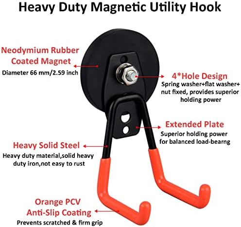 ULIBERMAGNET Heavy Duty Magnetic Garage Hooks,Strong Large Magnet Hooks for Power Drill,Garden Tools,Hose,Pegboard,Garage, Workshop,2 Pack Magnetic Storage Holder for Indoor Outdoor Hanging(Orange) - Image 6