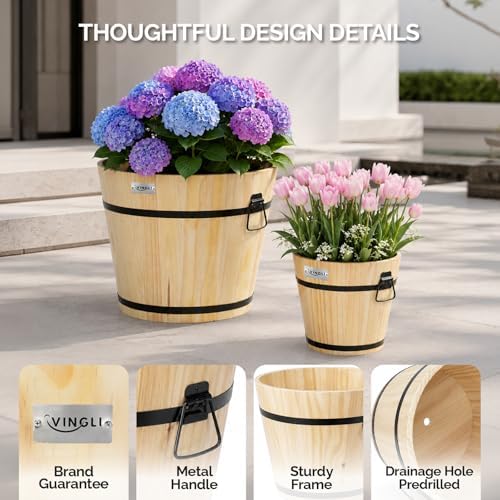 VINGLI 3 PCS Large Wooden Planter Barrel Set, 11.5"(Dia)- 18"(Dia), Real Wood Flower Pot with Drainage Holes, Different Sizes, Large Garden Container Box, Indoor & Outdoor (Honey) - Image 4