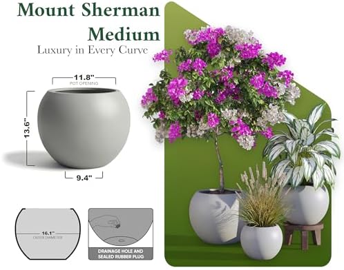 DTY Mt Sherman 16.1'' D x 13.6'' H (Pot Opening 11.8") Fiberstone Round Planter with Drainage Hole, Smooth Finishes, Weather Resistant for Indoor and Outdoor, 2 Extra Coco Mats - Light Gray, Medium - Image 2