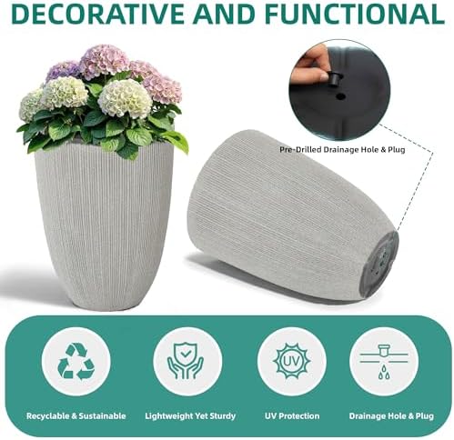 19" Mediterranean Beige Resin Tall Planters with Fluted Texture - Image 6