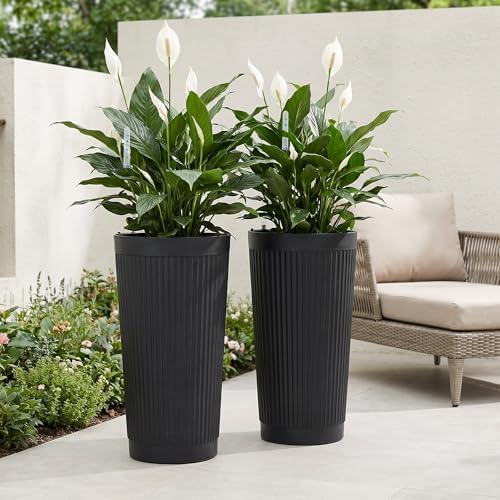 TUYOHW Set of 2 Large Round Tall Planter for Indoor or Outdoor 24" Flower Pots for Porch, Patio, Backyard, Large Planters for Outdoor Indoor Plants - Image 5