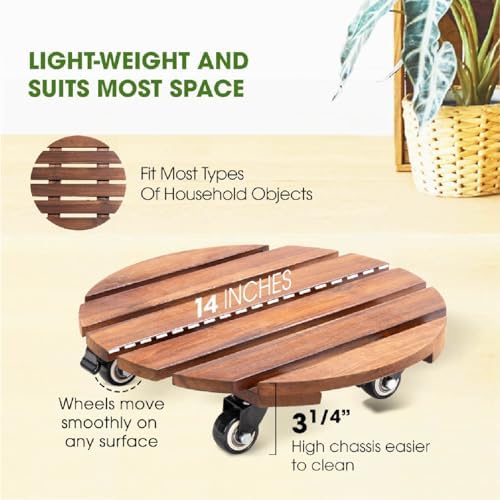 Idzo 2-Pack 14 Inch Acacia Wood Plant Caddy with Wheels – Heavy-Duty Plant Dolly with 264 Lbs Capacity, 360° Lockable Wheels for Large Plant Pots, Heavy Objects, Ideal for Indoor and Outdoor Use - Image 5