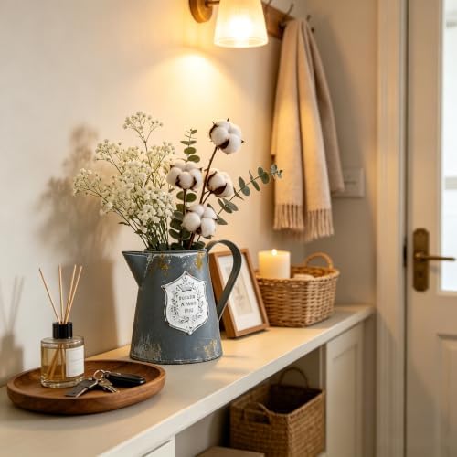Vintage Rustic Metal Flower Vase Farmhouse Plant Pitcher, Distressed Gray Galvanized Flower Jug, Rustic French Country Decorative Watering Can Vase for Home, Kitchen, Wedding - Image 2
