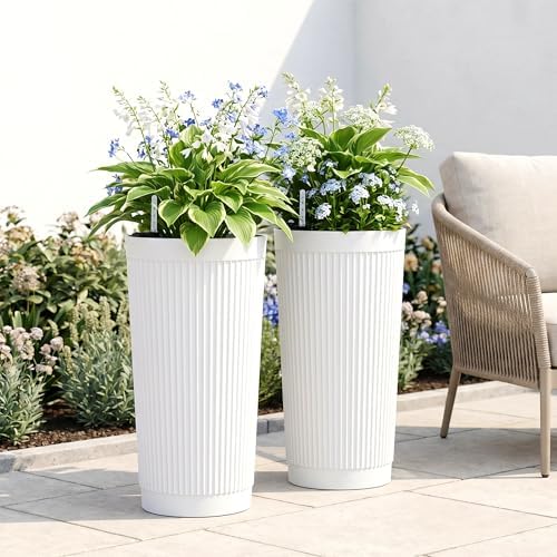 TUYOHW Set of 2 Large Round Tall Planter for Indoor or Outdoor 24" Flower Pots for Porch, Patio, Backyard, Large Planters for Outdoor Indoor Plants - Image 5