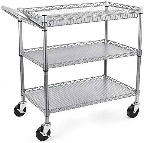 WDT Heavy Duty 3 Tier Utility Cart,Wire Rolling Carts with Wheels, Commercial Grade Service Cart with Shelving Liners and Handle Bar Metal Carts for Kitchen Office Hardware by WDT