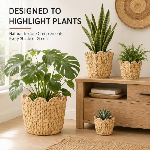 Wicker Scalloped Plant Basket with Plastic Liner for Indoor, Set of 4, | Hand Woven Water Hyacinth Rattan Flower Pots Cover - Image 6