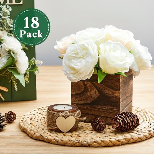 Dandat 18 Set Square Wood Planter Boxes Vases Rustic Centerpieces,Brown - Image 4