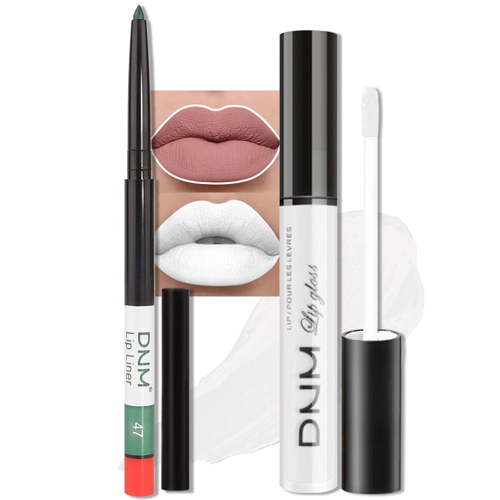 evpct 2Pcs White Matte Liquid Lipstick Lip Gloss Stain and Retractable Lip Liner Makeup Set for Women Long Lasting Waterproof 24 Hours Permanent Lipstick labial mate larga duracion 24 43#