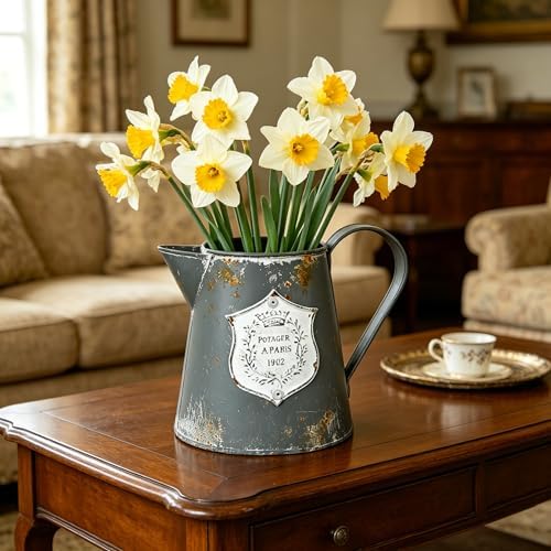 Vintage Rustic Metal Flower Vase Farmhouse Plant Pitcher, Distressed Gray Galvanized Flower Jug, Rustic French Country Decorative Watering Can Vase for Home, Kitchen, Wedding - Image 7
