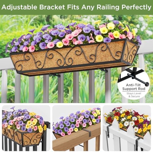 Y&M 30 Inch Butterfly Window Box Planter. Railing Planters for Outdoor Plants, Over the Railing Planter Boxes & Wall Mount, Rust-Resistant Steel with Coco Coir Liner for Balcony, Deck - 2 PCS - Image 2