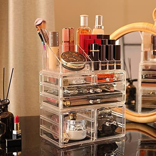 Cq acrylic 3 Pack Clear Make Up Organizers for Vanity,Stackable 6 Drawers Make Up Organizer,Cute Desk Organizer for Vanity Jewelry,Hair Clip,Beauty,Skincare Product Dresser Acrylic Drawer Organizer - Image 4