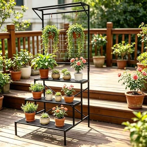 Zhongma 3 Tier Large Heavy Duty Plant Stand with Hanging Plant pot shelf, 35.43 x 33.27 x 78.74, Tall multi layer Plant Holder for Home, Garden, Each Tier: 35.43 L x 10.5W, Easy to Hold Large Plant - Image 5