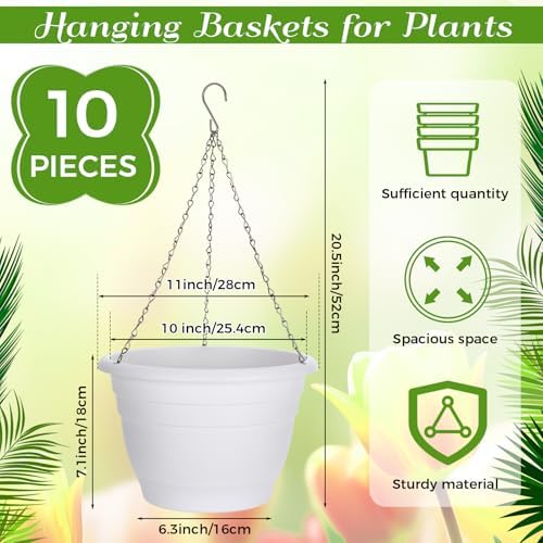 10 Pack 11 Inch Plastic Hanging Planter Bulk White Hanging Baskets for Plants with Drainage Trays Self Watering Plant Pot Outdoor Indoor Planter for Garden, Balcony, Porch, Patio Decor - Image 2