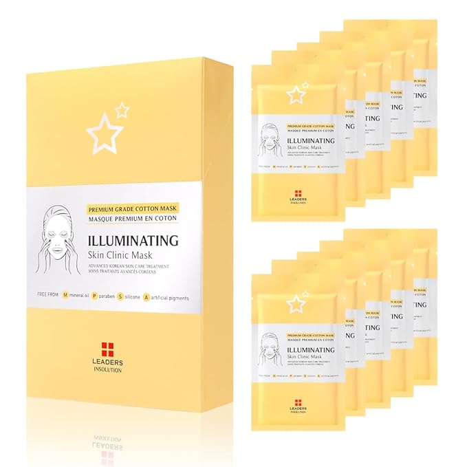 Leaders Insolution Illuminating Skin Clinic Mask | Omega-3 & Purslane Extract for Radiant Glow | Niacinamide Brightening Treatment | Even Skin Tone | 100% Natural Cotton (10 Sheets)
